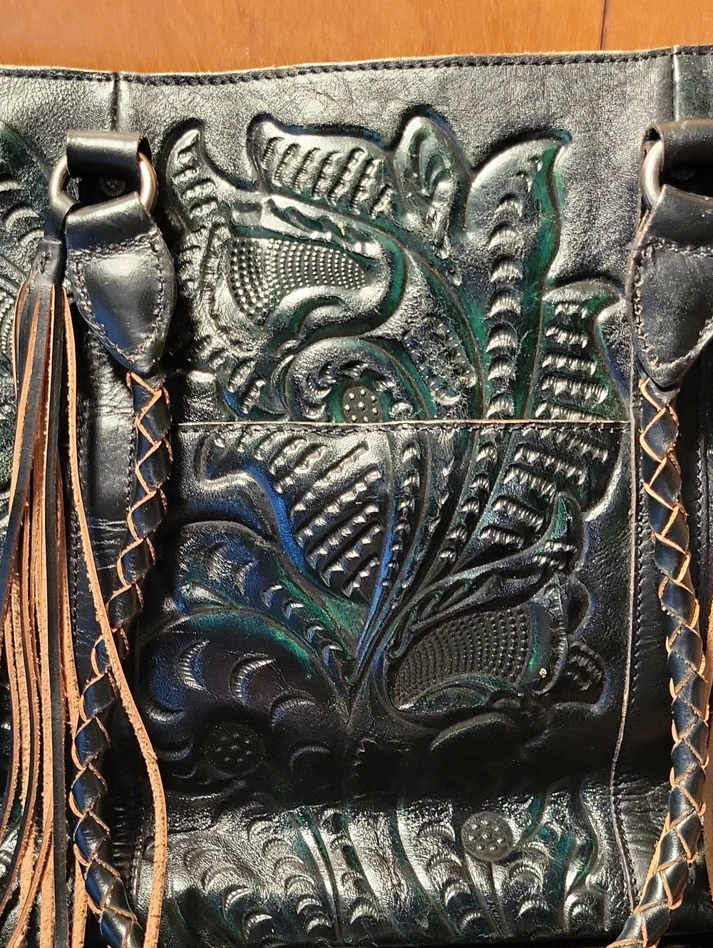 Patricia Nash Teal & Emerald Embossed Leather Tote with Braided Straps
